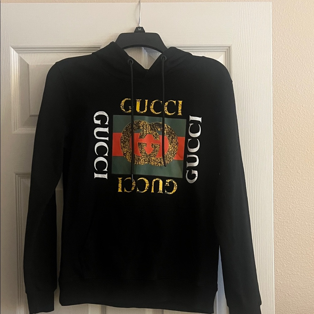Gucci Black Hoodie with Gold and Green Accents